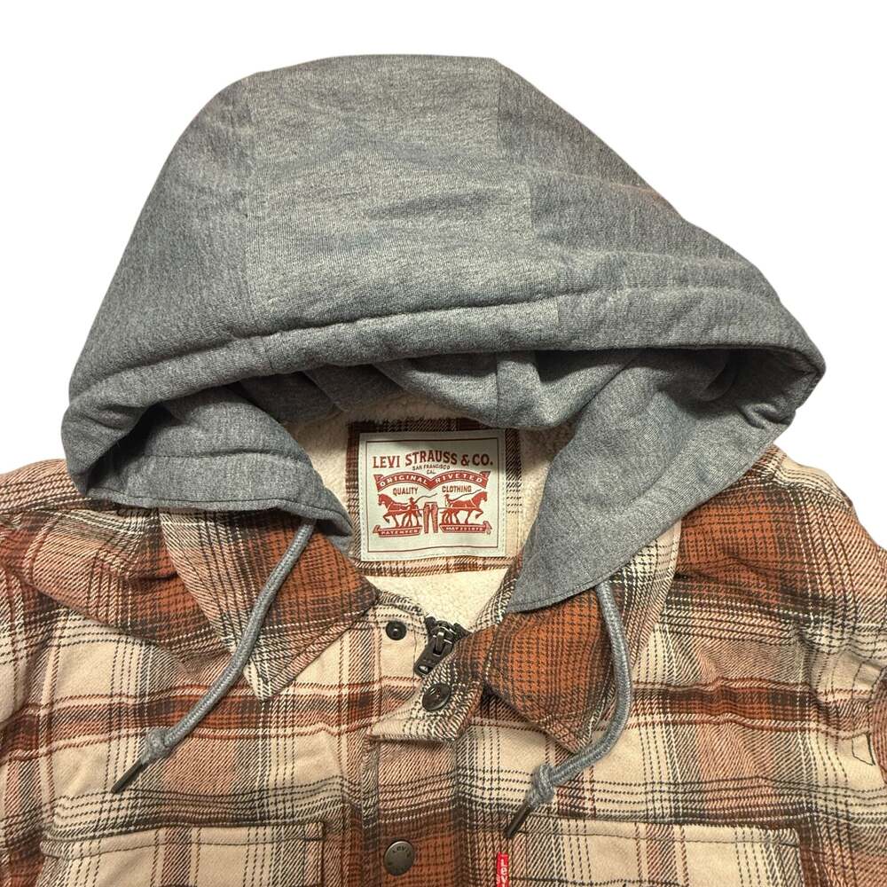 Levi's Men's Brown Ombre Plaid Sherpa-Lined Flannel Lrg Jacket with Jersey Hood - Picture 2 of 11